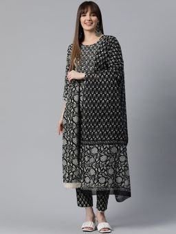 Readiprint - Anarkali Style Cotton Fabric Black Kurta and Pant with Dupatta (Set of 3)