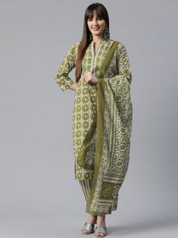 Readiprint - Cotton Fabric Green Color Kurta and Pant with Dupatta (Set of 3)