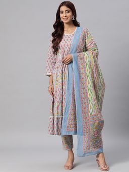 Readiprint - Tiered Style Cotton Fabric Blue Kurta and Pant with Dupatta (Set of 3)