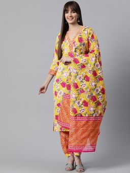 Readiprint - Womens Floral Print Kurta with Patiala & Dupatta Mustard (Set of 3)