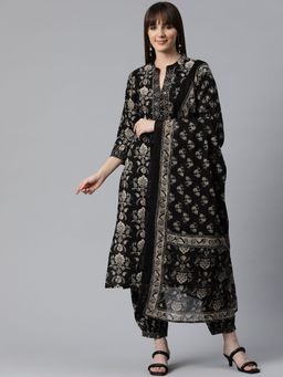 Readiprint - Womens Floral Print Kurta with Patiala & Dupatta Black (Set of 3)