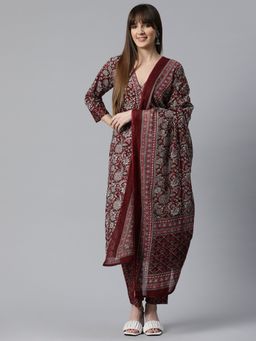 Readiprint - Womens Floral Print Kurta with Pant & Dupatta Maroon (Set of 3)
