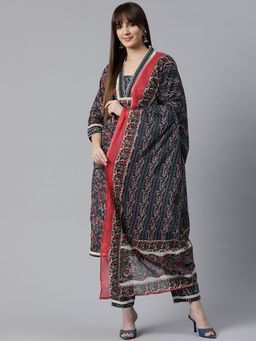 Readiprint - Womens Floral Print Kurta with Pant & Dupatta Blue (Set of 3)