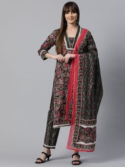 Readiprint - Womens Floral Print Kurta with Pant & Dupatta Black (Set of 3)