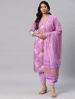 Readiprint - Womens Floral Print Kurta with Pant & Dupatta Purple (Set of 3)
