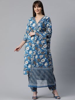Readiprint - Womens Floral Print Kurta with Patiala & Dupatta Blue (Set of 3)