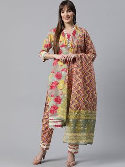 Readiprint - Womens Floral Kurta with Pant & Dupatta Green (Set of 3)