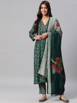 Readiprint - Womens Silk Printed Straight Kurta with Pant & Dupatta Green (Set of 3)