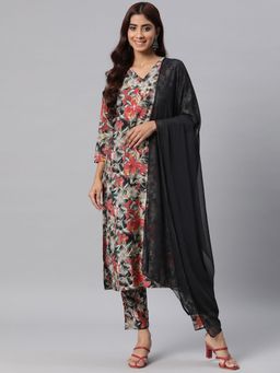 Readiprint - Womens Silk Printed Straight Kurta with Pant & Dupatta Black (Set of 3)
