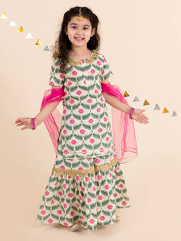 PSPeaches - Girls Green Printed Kurta with Sharara and Dupatta (Set of 3)