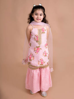 PSPeaches - Girls Pink Floral Kurta with Sharara and Dupatta (Set of 3)