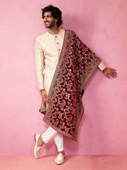 Vastramay - Beige Woven Sherwani and Pyjama with Dupatta