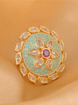 Saraf RS Jewellery - Gold Plated Sea Green Colour Ad Studded Handcrafted Adjustable Ring