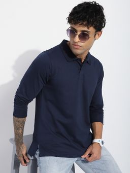 DILLINGER - Men Navy Blue Regular Fit Long Sleeve Solid Polo T-Shirt