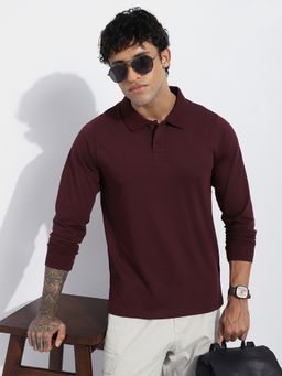 DILLINGER - Men Maroon Regular Fit Long Sleeve Solid Polo T-Shirt