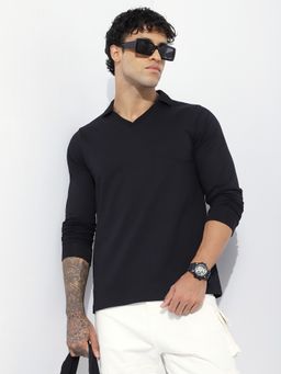 DILLINGER - Men Black Regular Fit Long Sleeve Solid Collar Neck Polo T-Shirt