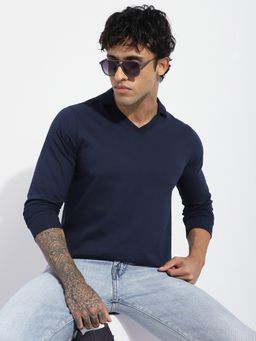 DILLINGER - Men Navy Blue Regular Fit Long Sleeve Solid Collar Neck Polo T-Shirt