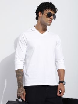 DILLINGER - Men White Regular Fit Long Sleeve Solid Collar Neck Polo T-Shirt