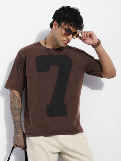 Men Brown Oversized Acid Washed Printed T-Shirt
