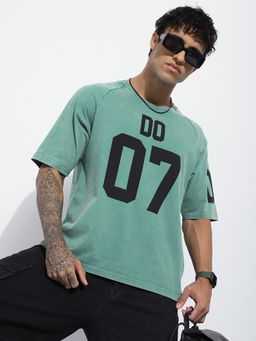 Difference of Opinion - Men Green Oversized Acid Washed Raglan Sleeve Printed T-Shirt