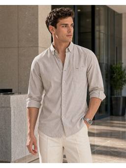 Nobero - Beige Oxford Solid Cotton Shirt