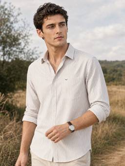 Nobero - Beige Men's Cotton Striped Shirt