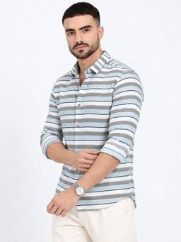 SHOWOFFFF - Grey Cotton Horizontal Striped Shirt