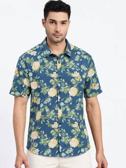 SHOWOFFFF - Blue Cotton Floral Printed Shirt