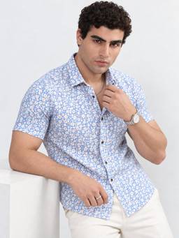 SHOWOFFFF - Blue Cotton Floral Printed Shirt
