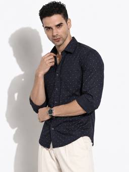 SHOWOFFFF - Navy Blue Cotton Micro Printed Shirt