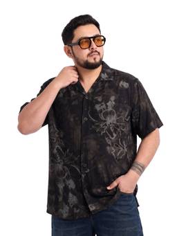 UNSTD - Men Plus Size Cuban Collar Floral Black Shirt