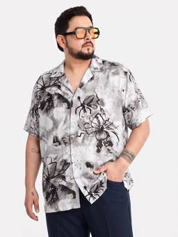 UNSTD - Men Plus Size Cuban Collar Floral White Shirt