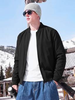 VEIRDO - Men Black Solid Nylon Regular Bomber Jacket