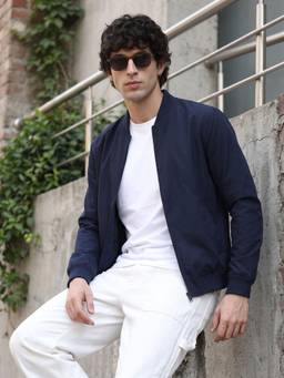 VEIRDO - Men Denim Solid Nylon Regular Blue Bomber Jacket