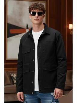 VEIRDO - Men Black Pocek Solid Cotton Regular Shacket