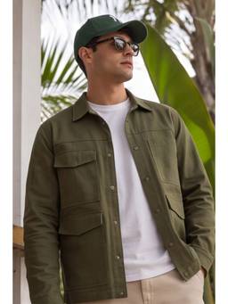 VEIRDO - Men Olive Solid Cotton Regular Shacket