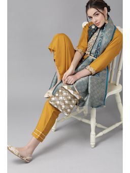 Varanga - Mustard Embroidery Kurta with Pant & Banarasi Dupatta (Set of 3)
