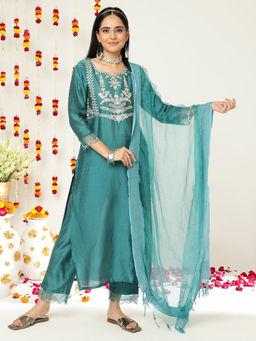 Varanga - Teal Gota Patti Embroidery Silk Kurta with Pant & Dupatta (Set of 3)