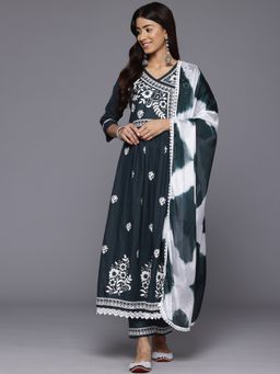 Varanga - Navy Blue Thread Embroidered Angarkha Kurta with Pant & Dupatta (Set of 3)