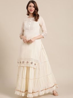 Varanga - White Solid Plain Cotton Kurta with Sharara (Set of 2)