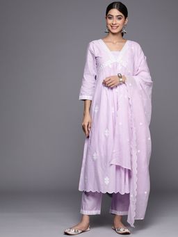 Varanga - Lavender Embroidered A-Line Kurta with Pant & Dupatta (Set of 3)