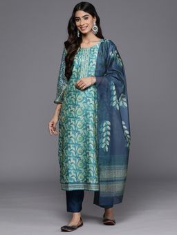 Varanga - Blue Floral Printed Straight Kurta with Pant & Dupatta (Set of 3)