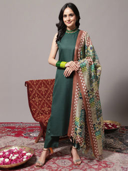 Varanga - Green Halter Neck Solid Straight Kurta with Pant & Dupatta (Set of 3)