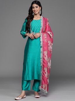 Varanga - Teal Embroidered Straight Kurta Pant & Dupatta (Set of 3)