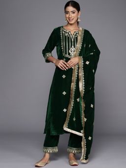 Varanga - Green Floral Embroidered Sequinned Velvet Straight Kurta with Trousers & Dupatta
