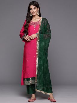 Varanga - Pink Embroidered Straight Kurta with Pant & Dupatta (Set of 3)