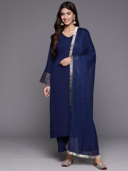 Varanga - Navy Blue Textured Gota Straight Kurta with Pant & Dupatta (Set of 3)