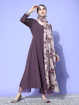 Varanga - Purple Solid Anarkali Kurta with Pant & Dupatta (Set of 3)