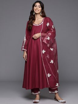 Varanga - Maroon Thread Embroidered Anarkali Kurta with Pant & Dupatta (Set of 3)