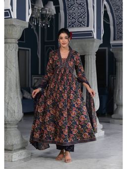 Varanga - Navy Blue Floral Printed Anarkali Kurta with Pant & Dupatta (Set of 3)